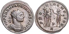 ROMAN COINS RÖMISCHES REICH, Florianus, 276, AE Antoninian, * A =Serdica. Büste mit Strahlenkrone r. Rs.Providentia mit zwei Standarten steht Sol mit Globus gegenüber. 3,82g. RIC 110 vz