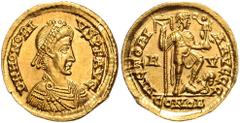 ROMAN COINS RÖMISCHES REICH, Honorius, 393-423, AV Solidus (394-395), R V COMOB =Ravenna, gallische Mzst. Drap. Büste des Kaisers r., D N HONORI VS P F AVG. Rs.Kaiser v.vorn mit kl. Victoria auf Globu