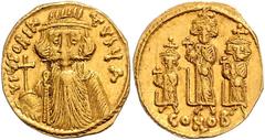BYZANTINE COINS BYZANTINISCHES REICH, Constans II., 641-668, AV Solidus CONOB = Konstantinopel, Offizin A. Büste mit langem Bart und Helm, Kreuzglobus i.d. rechten Hand. Rs.Tiberius, Constantin IV. un