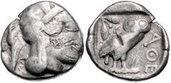 GREEK COINS GRIECHENLAND, ATTIKA / Stadt Athen, AR Tetradrachme (ca. 425-404 v.Chr.). Kopf der Athena r. Rs.Eule mit Olivenzweig und Mondsichel im quadratum incusum. 16,30g. Mit Ggst. Pentagramm, viel