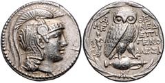 GREEK COINS GRIECHENLAND, ATTIKA / Stadt Athen, AR Tetradrachme (135/4 v.Chr.). Magistraten Mened, Epigeno und Alexa. Behelmter Kopf der Athena r. Rs.Eule auf Amphora r., auf der Amphora Kappa, darunt