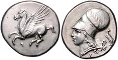 GREEK COINS GRIECHENLAND, KORINTH / Stadt Korinth, AR Stater (336-306 v.Chr.). Pegasos l. Rs.Athenakopf mit korinth. Helm l., dahinter Adler. 7,39g. Zur Zeit des Anschlusses der Stadt an Alexander d. 