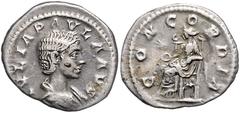 ROMAN COINS RÖMISCHES REICH, Julia Paula, Gemahlin des Elagabal, 219-220, AR Denar, Rom. Drap. Büste r. Rs.Sitzende Concordia mit Patera, i.F.Stern. 2,48g. RIC 211; Kampm.57.3 kl.Fleck, ss+
