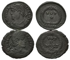 ROMAN COINS RÖMISCHES REICH, Jovian, 363-364, AE Centenionalis, CONSPA =Konstantinopel. Diadem. und drap. Büste l. Rs.VOT V im Kranz. 3,02g (vz). DAZU:AE Centenionalis, SISC =Siscia. Diadem. u. drap. 