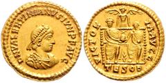 ROMAN COINS RÖMISCHES REICH, Valentinian II., 375-392, AV Solidus (379-383), TESOB =Thessal. Drap. und gep. Büste mit Perldiadem r., DN VALENTINIANVS IVN PF AVG. Rs.2 Kaiser thronend v.vorn, oben Vict