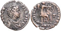 ROMAN COINS RÖMISCHES REICH, Aelia Flaccilla, Gemahlin des Theodosius I., +386, AE Maiorina, ANTE =Antiochia. Büste mit Perldiadem r. Rs.SALVS REI PVBLICAE, Victoria sitzt r., Schild mit Christogramm.