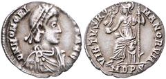 ROMAN COINS RÖMISCHES REICH, Honorius, 393-423, AR Siliqua, MDPS =Mediolanum. Diad. und drap. Büste r., DN HONORI-[VS PF] AVG. Rs.Roma l. thronend, VIRTVS RO-MANORVM. 1,11g. RIC 1228; Kampm.179.16 ss-
