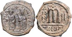 BYZANTINE COINS BYZANTINISCHES REICH, Phocas, 602-610, AE Follis Jahr II =603/604, TEUHP =Theoupolis. Kaiserpaar v.vorn, ON FOCA NEPE AV. Rs.+M zw. ANNO u. Datierung. 10,89g. Sear 671; Sommer 9.56.2
