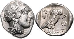 GREEK COINS GRIECHENLAND, ATTIKA / Stadt Athen, AR Tetradrachme (5.Jh.v.Chr.). Kopf Athenas. Rs.Eule mit Olivenzweig und Mondsichel im quadratum incusum. 17,20g. vz/vz+ Sear 2521
