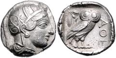 GREEK COINS GRIECHENLAND, ATTIKA / Stadt Athen, AR Tetradrachme (455-413 v.Chr.). Kopf Athenas r. Rs.Eule mit Olivenzweig und Mondsichel im quadratum incusum. 17,10g. vz Sear 2521; BMC 11.7.48