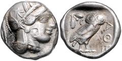 GREEK COINS GRIECHENLAND, ATTIKA / Stadt Athen, AR Tetradrachme (454-404 v.Chr.). Behelmter Athenakopf r. Rs.Eule steht r. mit Olivenzweig und Mond. 16,92g. Vs.min.Lackreste, ss Kroll 8; HGC 4,1597