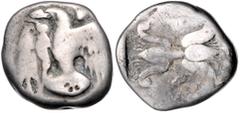 GREEK COINS *GRIECHENLAND, ELIS / Stadt Olympia, AR Stater (5.Jh.v.Chr.). Adler l. fliegend, Hasen unter sich greifend, darunter weitere Figur(?). Rs.Blitzbündel mit Flügeln oben und Voluten unten. 11
