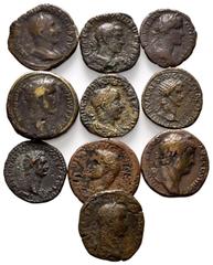 ROMAN COINS RÖMISCHES REICH, Lot mit 10 römischen Bronzemünzen, darin: Caligula, Dupondius; Nerva, Dupondius; Hadrian, Sesterz, As(2x); Antoninus Pius, Sesterz; Gordian III, Sesterz (3x); Trajan Deciu