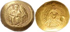BYZANTINE COINS BYZANTINISCHES REICH, Constantin IX., 1042-1055, AV histamenon nomisma =Scyphat, Konstantinopel. Christus thronend v.vorn. Rs.Kaiser v.vorn mit Labarum und Globus. 4,31g. GOLD, ss Sear