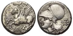 GREEK COINS GRIECHENLAND, KORINTH / Stadt Korinth, AR Stater (ca. 338 v.Chr.). Pegasos l. Rs.Athenakopf mit korinth. Helm l., Beiz. 8-strahliger Stern. 8,49g. BMC 12.40.352; SNG Cop.113 Vs.l.Korr., ss