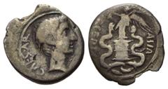 ROMAN COINS RÖMISCHES REICH, Augustus, 27 v.-14 n.Chr., AR Quinar, östliche Mzst. Barhäuptiger Kopf r. CAESAR. Rs.Victoria auf Podest stehend, zu Füßen zwei Schlangen. ASIA RECEPTA. 1,41g. RIC 276; Ka