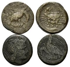 GREEK COINS ITALIEN, SIZILIEN / Stadt Akragas, AE Trias (425-406 v.Chr.). Adler r. Rs.Krabbe, unten 3 Kugeln. 7,79g. DAZU:AE 19 (Zeit des Phintias, 287-279 v.Chr.). Apollokopf r. Rs.2 Adler über einem