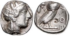 GREEK COINS GRIECHENLAND, ATTIKA / Stadt Athen, AR Tetradrachme (449-413 v.Chr.). Kopf der Athena r. Rs.Eule mit Olivenzweig und Mondsichel im quadratum incusum. Mit kl.Ggst. 16,71g. s Sear 2526; BMC 