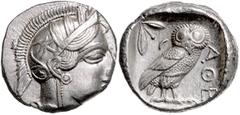 GREEK COINS GRIECHENLAND, ATTIKA / Stadt Athen, AR Tetradrachme (449-413 v.Chr.). Kopf der Athena r. Rs.Eule mit Olivenzweig und Mondsichel im quadratum incusum. 17,12g. ss-vz Sear 2526; BMC 11.8.62