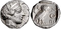 GREEK COINS GRIECHENLAND, ATTIKA / Stadt Athen, AR Tetradrachme (449-413 v.Chr.). Kopf der Athena r. Rs.Eule mit Olivenzweig und Mondsichel im quadratum incusum. 17,22g. ss-vz Sear 2526; BMC 11.8.62