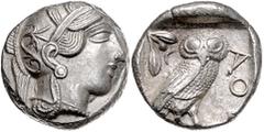 GREEK COINS GRIECHENLAND, ATTIKA / Stadt Athen, AR Tetradrachme (449-413 v.Chr.). Kopf der Athena r. Rs.Eule mit Olivenzweig und Mondsichel im quadratum incusum. 17,20g. ss-vz Sear 2526; BMC 11.8.62