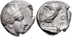 GREEK COINS GRIECHENLAND, ATTIKA / Stadt Athen, AR Tetradrachme (449-413 v.Chr.). Kopf der Athena r. Rs.Eule mit Olivenzweig und Mondsichel im quadratum incusum. 17,23g. ss-vz Sear 2526; BMC 11.8.62