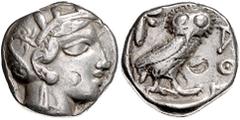 GREEK COINS GRIECHENLAND, ATTIKA / Stadt Athen, AR Tetradrachme (449-413 v.Chr.). Kopf der Athena r. Rs.Eule mit Olivenzweig und Mondsichel im quadratum incusum. 17g. Ggst.Mondsichel, Rs.Unkenntlich. 