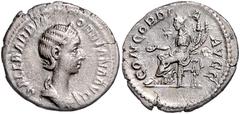 ROMAN COINS RÖMISCHES REICH, Orbiana, Gemahlin des Severus Alexander, +235, AR Denar, Rom. Diad. Büste r. Rs.Concordia sitzt l. mit Patera und Doppelfüllhorn. 2,06g. ss-vz RIC 319