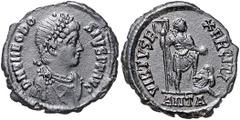 ROMAN COINS RÖMISCHES REICH, Theodosius I., 379-395, AE Maiorina, ANTA =Antiochia. Diadem. und gep. Büste r., DN THEODOSIVS PF AVG. Rs.Kaiser r. stehend, VIRTVS EXERCITI. 5,55g. vz Kampm.160.36