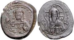 BYZANTINE COINS BYZANTINISCHES REICH, Constantin X. Dukas, 1059-1067, AE Follis, Constantinopel. Christus v.vorn. Rs.Büste des Kaisers v.vorn. 11,52g. ss Sear 1854; Sommer 52.7