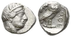 GRIECHISCHE MÜNZEN GRIECHENLAND, ATTIKA / Stadt Athen, AR Tetradrachme (430-420 v.Chr.). Kopf der Athena r. Rs.Eule r. mit Olivenzweig und Mondsichel im quadratum incusum. 17,11g. ss-vz Kroll 8; HGC 4