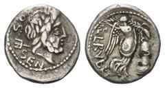 RÖMISCHE MÜNZEN RÖMISCHE REPUBLIK, L. Rubrius Dossenus, 87 v.Chr., AR Quinar. Kopf des Neptun, dahinter Trident. Rs.Victoria vor Altar mit Schlange. 1,66g. ss+ Craw.348/4