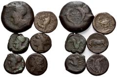 GREEK COINS ITALIEN, SIZILIEN / Stadt Syrakus, AE Litra (Timoleon, 344-336 v.Chr.). Athenabüste l. Rs.Stern zw. 2 Delfinen. (s) 32,50g. DAZU:2x AE Trias. Athenabüste l. Rs.Hippocampus l. (s/ss). 7,20g