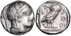 GREEK COINS GRIECHENLAND, ATTIKA / Stadt Athen, AR Tetradrachme (ca. 430 v.Chr.). Behelmter Athenakopf. Rs.Eule mit Olivenzweig und Mondsichel im quadratum incusum. 17,11g. Schön zentrierte Eule. ss-v
