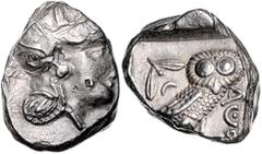 GREEK COINS GRIECHENLAND, ATTIKA / Stadt Athen, AR Tetradrachme (380-250 v.Chr.). Kopf der Athena. Rs.Eule mit Olivenzweig und Mondsichel im quadratum incusum. unrunder Schrötl., Vs.Punze, ss-vz Sear 