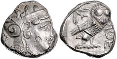 GREEK COINS GRIECHENLAND, ATTIKA / Stadt Athen, AR Tetradrachme (380-250 v.Chr.). Kopf der Athena. Rs.Eule mit Olivenzweig und Mondsichel im quadratum incusum. Vs.Punze, f.vz Sear 2526