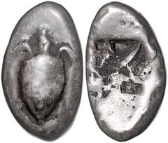 GREEK COINS GRIECHENLAND, AIGINA / Stadt Aigina, AR Stater (525-475 v.Chr.). Seeschildkröte. Rs.Fünfgeteiltes quadratum incusum. 10,75g. Oblonger Schrötling. Ex.Hirsch 98/1976, Nr.2557. ss+/f.ss HGC 4