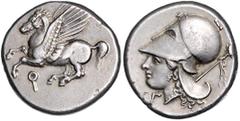 GREEK COINS GRIECHENLAND, KORINTH / Stadt Korinth, AR Stater (310-309 v.Chr.). Pegasos l. Rs. Athenakopf mit korinth. Helm l., unten C, Beiz. Thyrsos. 8,60g. schöne Patina, ss-vz SNG Cop.81