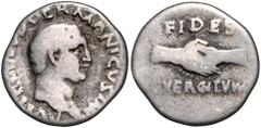 ROMAN COINS RÖMISCHES REICH, Vitellius, 69, AR Denar (69), Rom. Büste r., A VITELLIVS GERMANICVS IMP. Rs.Handschlag, FIDES EXERCITVVM. 3,08g. f.ss RIC 67; Kampm.19.23