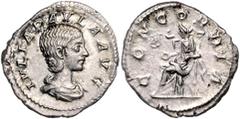 ROMAN COINS RÖMISCHES REICH, Julia Paula, Gemahlin des Elagabal, 219-220, AR Denar, Rom. Drap. Büste r., IVLIA PAVLA AVG. Rs.Concordia l. sitzend, i.F. Stern, CONCORDIA. 3,09g. vz/f.vz RIC 211; Kampm.