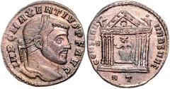 ROMAN COINS RÖMISCHES REICH, Maxentius, 306-312, AE Follis (307/8), H RT =Rom. Belorb. Büste r., IMP C MAXENTIVS PF AVG. Rs.Roma im sechssäuligen Tempel, oben 2 Victorien, CONSERV URB SVAE. 5,77g. ss-