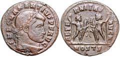 ROMAN COINS RÖMISCHES REICH, Maxentius, 306-312, AE Follis (309-312), MOSTP =Ostia. Belorb. Büste r. Rs.Dioskuren Castor und Pollux mit Sternendiademen lehnen an Zepter und halten jeder Pferd am Zügel