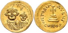 BYZANTINE COINS BYZANTINISCHES REICH, Heraclius, 610-641, AV Solidus. Büsten von Heraklius und Heraklius Constantinus v.vorn, dazw. Kreuz. Rs.Kreuz auf vier Stufen, Off.G. 4,45g. GOLD, Vs.Kr., f.vz So
