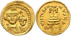 BYZANTINE COINS BYZANTINISCHES REICH, Heraclius, 610-641, AV Solidus. Büsten von Heraklius und Heraklius Constantinus v.vorn, dazw. Kreuz. Rs.Kreuz auf vier Stufen, Off.D(?). 4,48g. GOLD, Rs.Druckstel