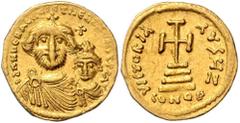BYZANTINE COINS BYZANTINISCHES REICH, Heraclius, 610-641, AV Solidus. Büsten von Heraklius und Heraklius Constantinus v.vorn, dazw. Kreuz. Rs.Kreuz auf vier Stufen, Off.Z. 4,33g. GOLD, kl.Graffito, ss