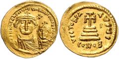 BYZANTINE COINS BYZANTINISCHES REICH, Heraclius, 610-641, AV Solidus. Büsten von Heraklius und Heraklius Constantinus v.vorn, dazw. Kreuz. Rs.Kreuz auf vier Stufen, r.I, Off.I. 4,39g. GOLD, kl.Graffit