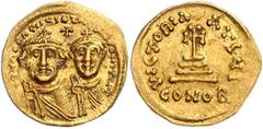 BYZANTINE COINS BYZANTINISCHES REICH, Heraclius, 610-641, AV Solidus. Büsten von Heraklius und Heraklius Constantinus v.vorn, dazw. Kreuz. Rs.Kreuz auf vier Stufen, Off.I. 4,36g. GOLD, kl.Graffiti, ss