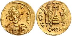 BYZANTINE COINS BYZANTINISCHES REICH, Constantin IV., 668-685, AV Solidus, CONOB =Konstantinopel. Büste mit Speer und Schild. Rs.Krückenkreuz mit 3 Stufen, l. Heraclius, r. Tiberius stehend, Off. nich