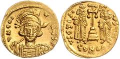 BYZANTINE COINS BYZANTINISCHES REICH, Constantin IV., 668-685, AV Solidus, CONOB =Konstantinopel. Büste mit Speer und Schild. Rs.Krückenkreuz mit 3 Stufen, l. Heraclius, r. Tiberius stehend, Off.H. 4,