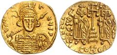 BYZANTINE COINS BYZANTINISCHES REICH, Constantin IV., 668-685, AV Solidus, CONOB =Konstantinopel. Büste mit Speer und Schild. Rs.Krückenkreuz mit 3 Stufen, l. Heraclius, r. Tiberius stehend, Off.D. 4,